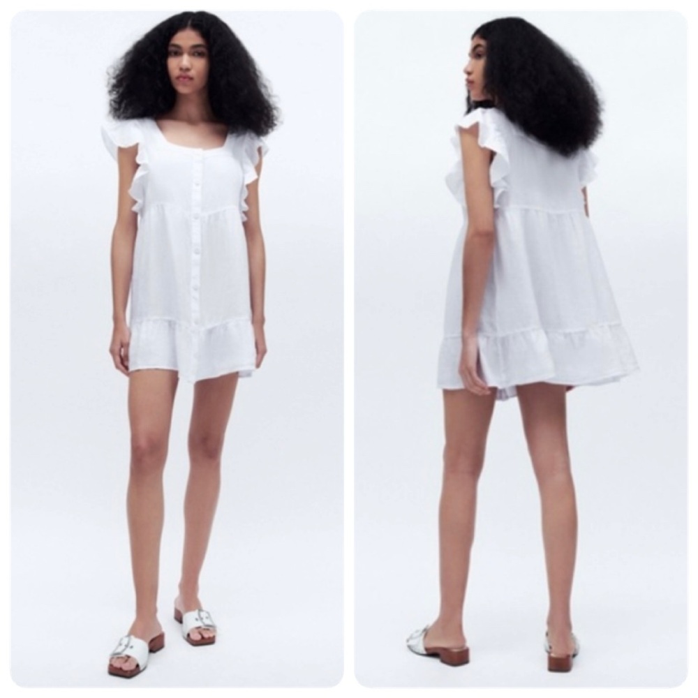 Zara White Linen Button Front Babydoll Shift Dress